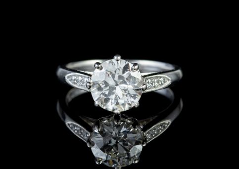 OLD CUT DIAMOND SOLITAIRE ENGAGEMENT RING PLATINUM 1.85CT DIAMOND  front